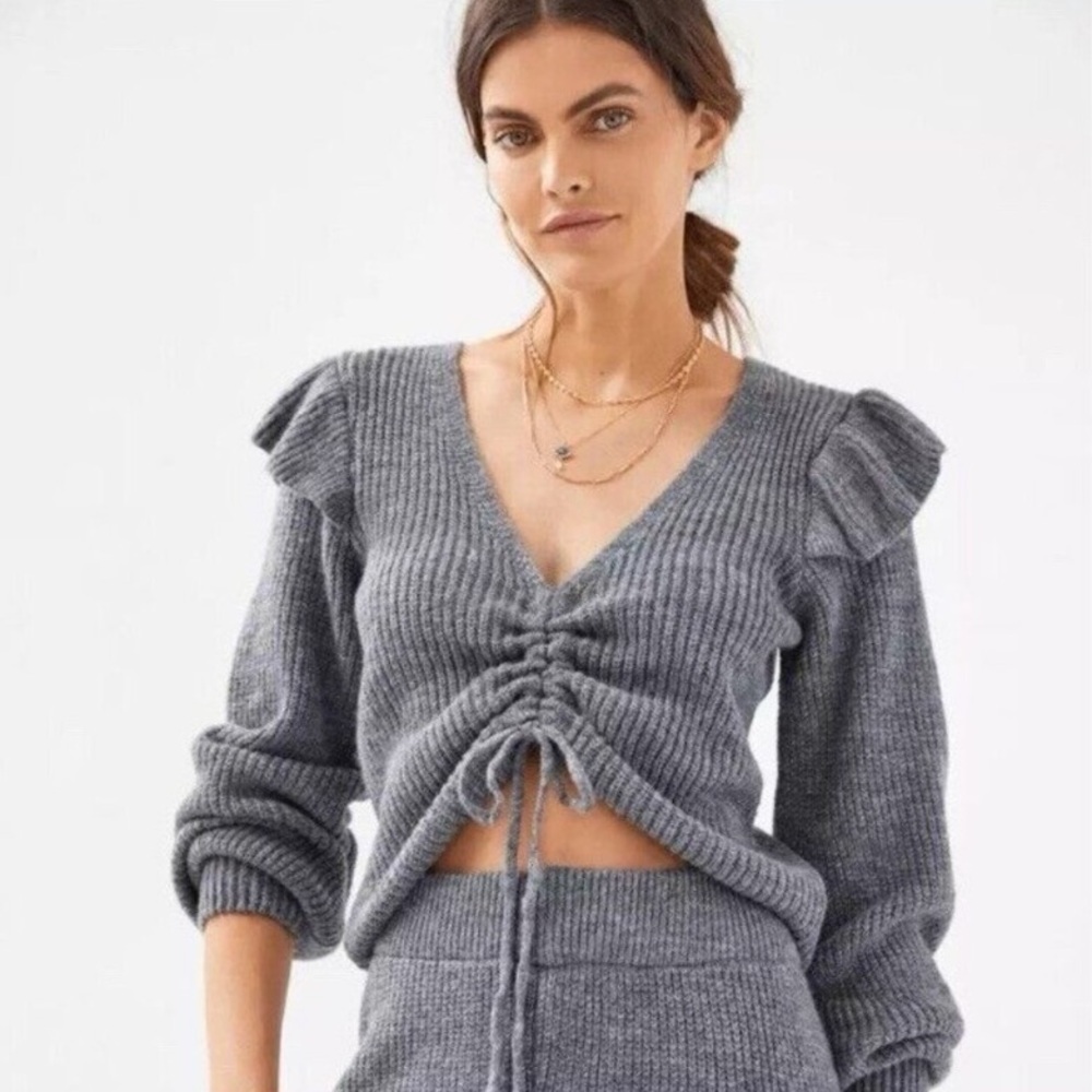 Daily Practice/Anthropologie Gray Ruffled Knit Ruched, Balloon Sleeve Sweater. S